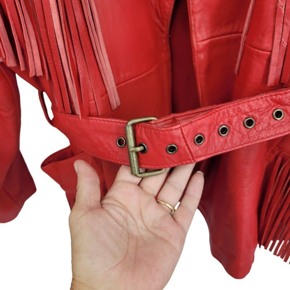 Vintage Leather Fringed Jacket Coat L Red Oversized Belted Rodeo Cowgirl Boho - Picture 7 of 16
